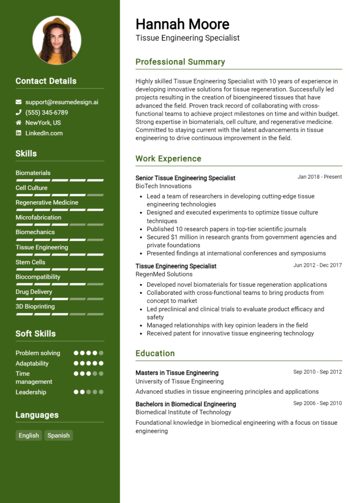 Tissue Engineering Specialist Resume Example