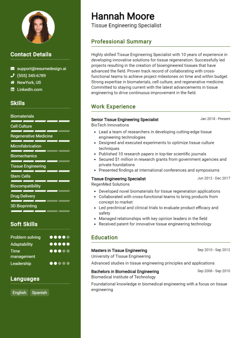 20 Tissue Engineering Specialist Resume Examples And Templates for 2025