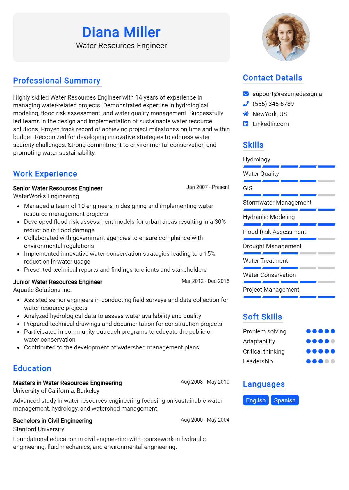 Water Resources Engineer Resume Example