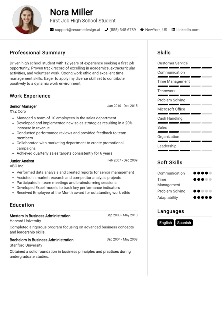 First Job High School Student Resume Example