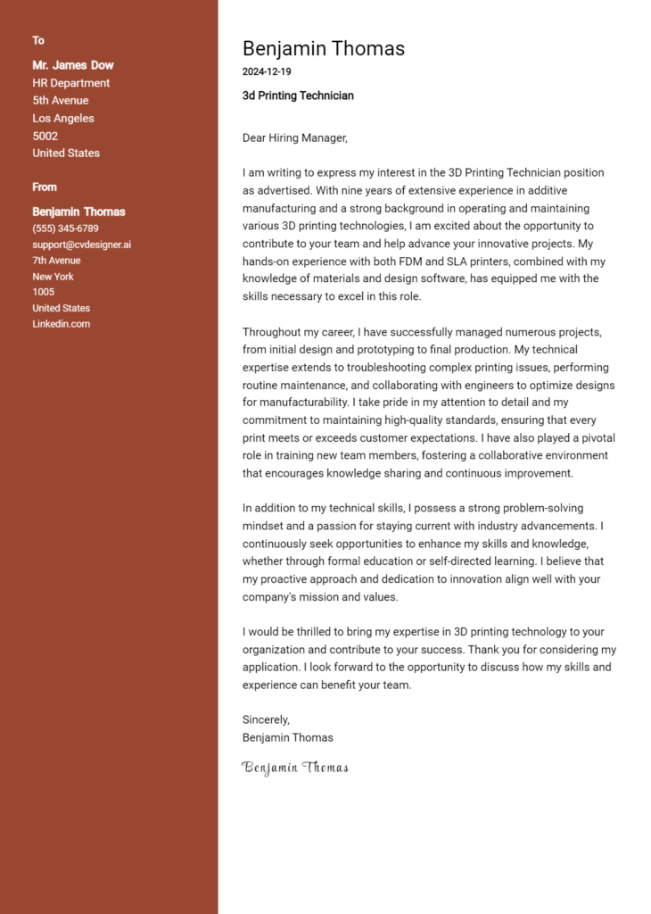 3d printing technician cover letter example