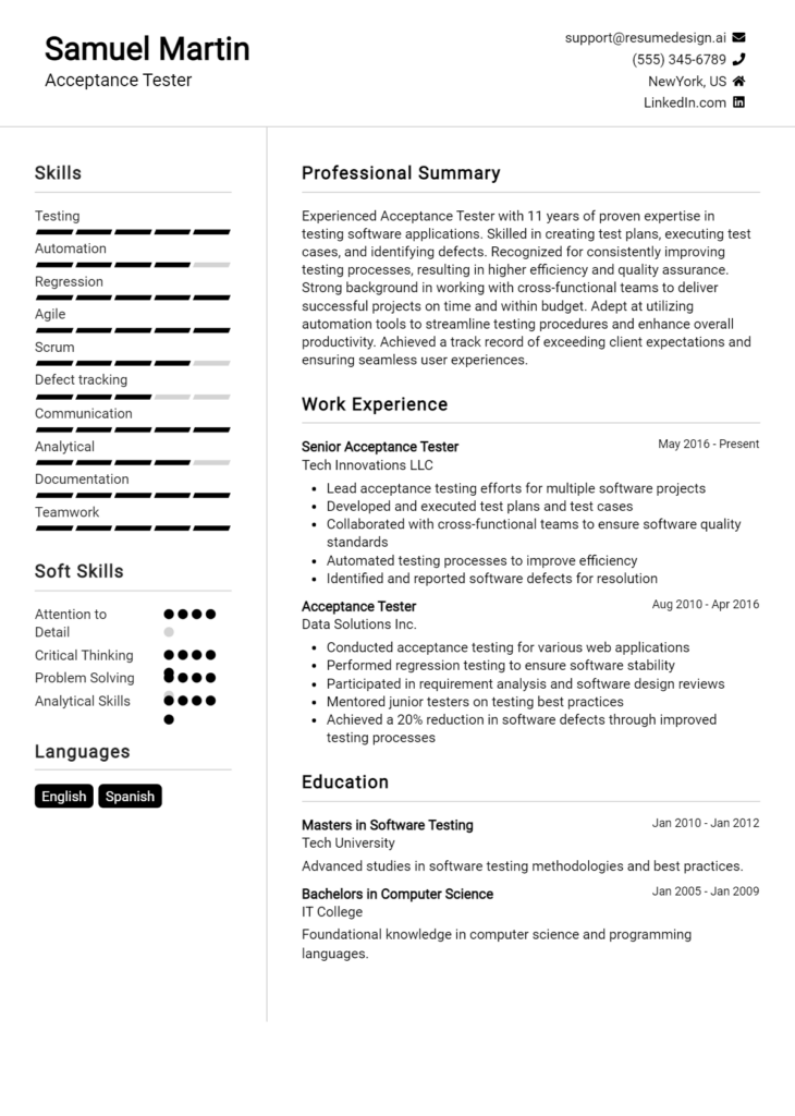 Acceptance Tester Resume Example