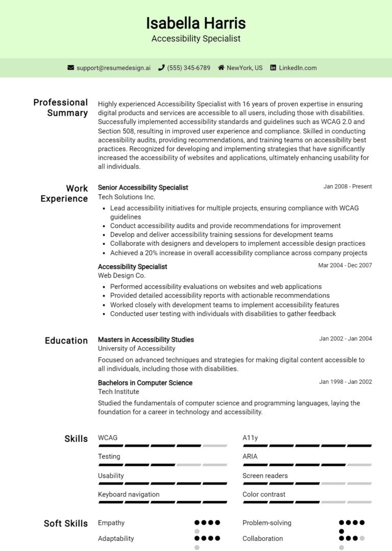 14 Accessibility Specialist Resume Examples And Templates for 2025: Expert Tips