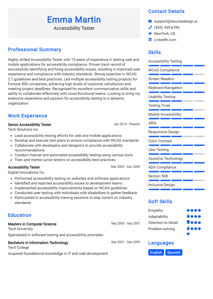 Accessibility Tester Resume Example