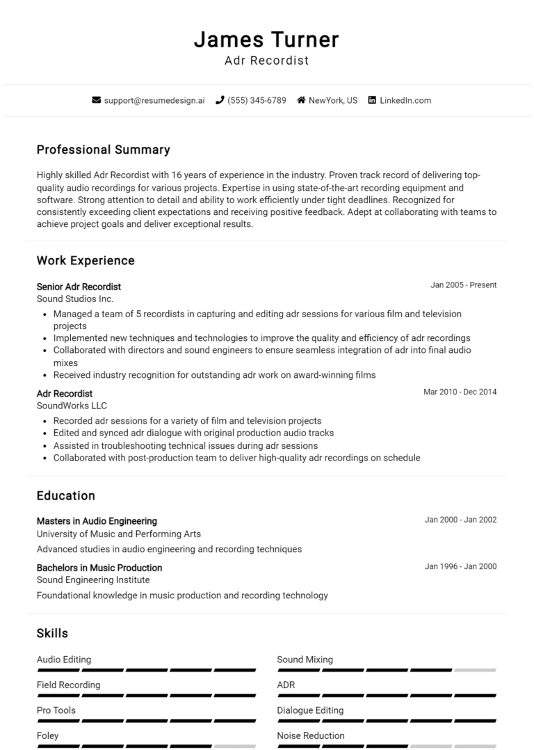 15 ADR Recordist Resume Examples And Templates for 2025