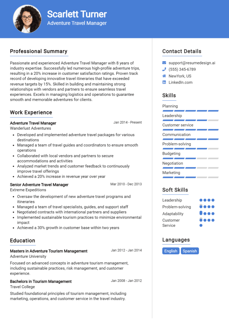 18 Adventure Travel Manager Resume Examples And Templates for 2025