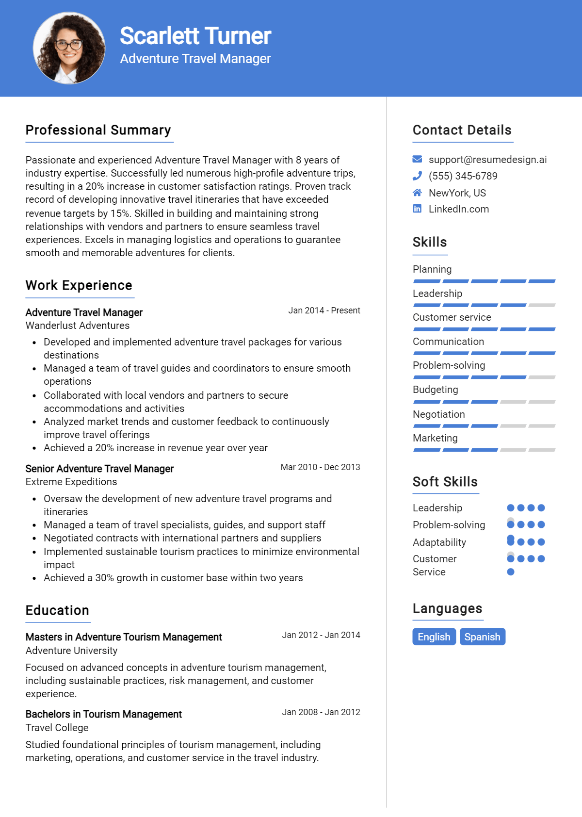 Adventure Travel Manager Resume Example