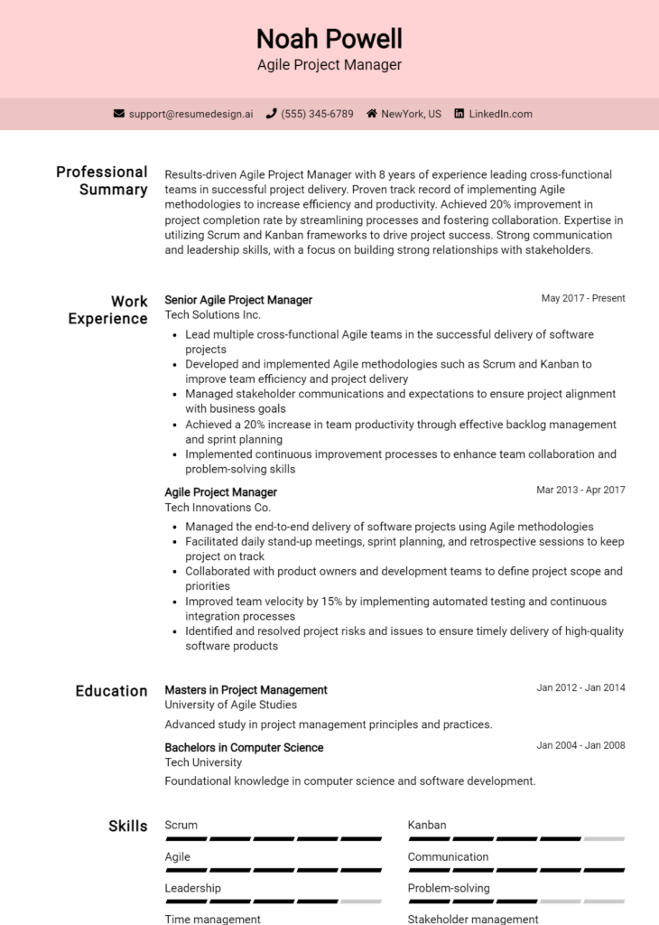 Agile Project Manager Resume Example