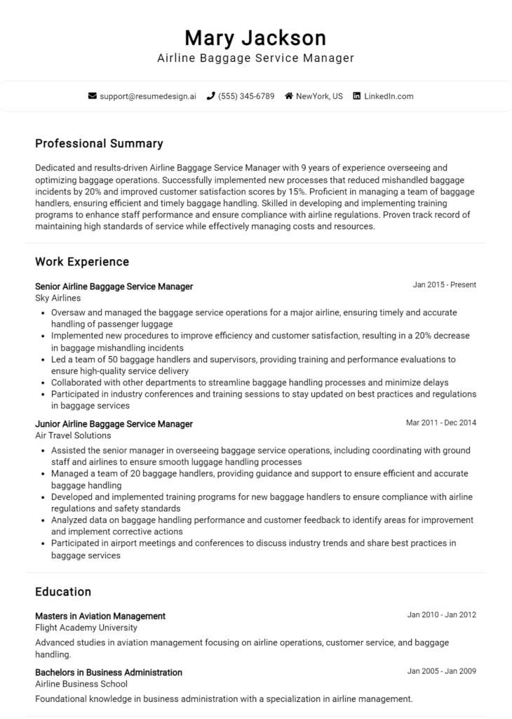 Airline Baggage Service Manager Resume Example