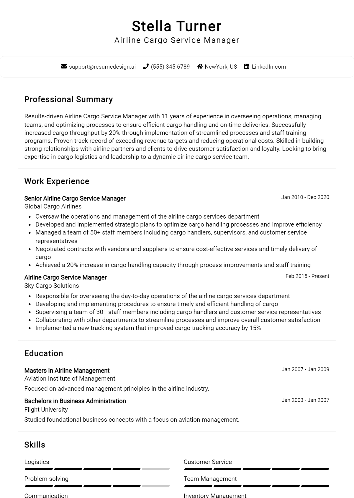 Airline Cargo Service Manager Resume Example