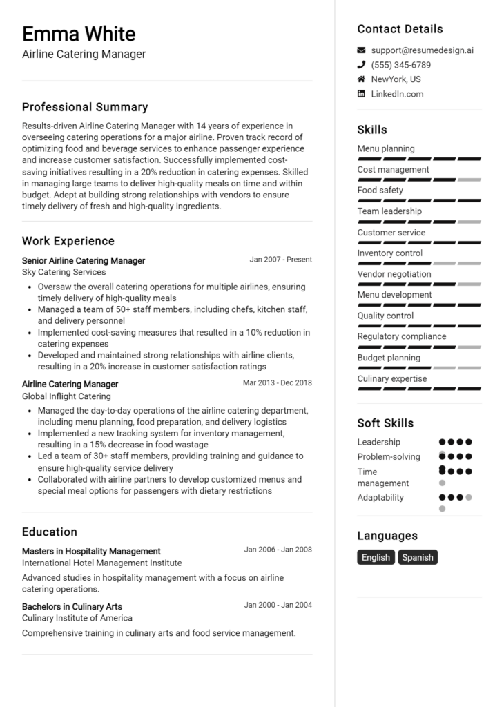 Airline Catering Manager Resume Example