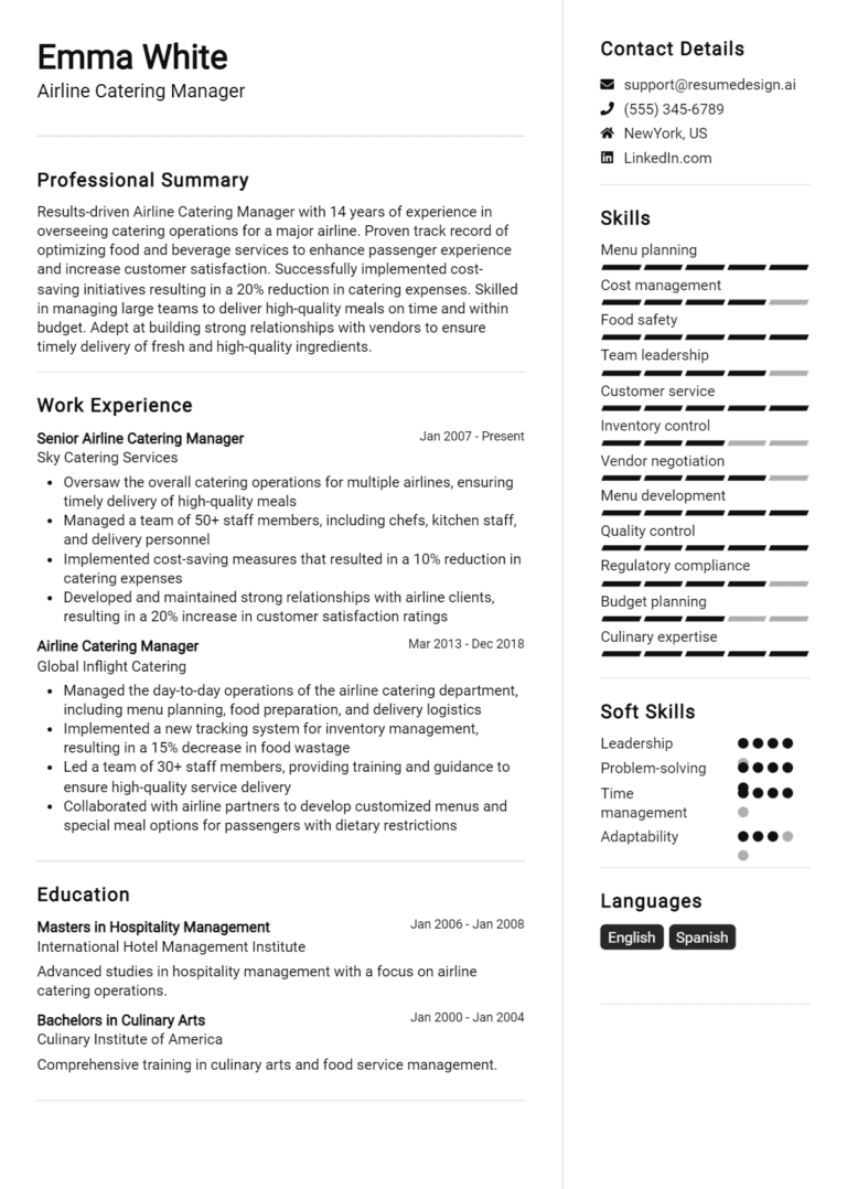 18 Airline Catering Manager Resume Examples And Templates for 2025