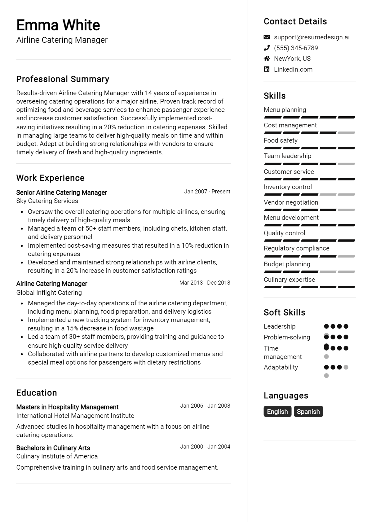 Airline Catering Manager Resume Example