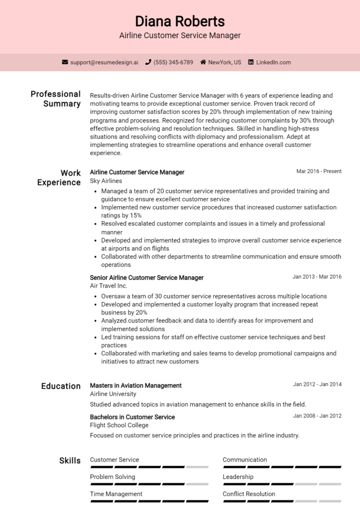 Airline Customer Service Manager Resume Example