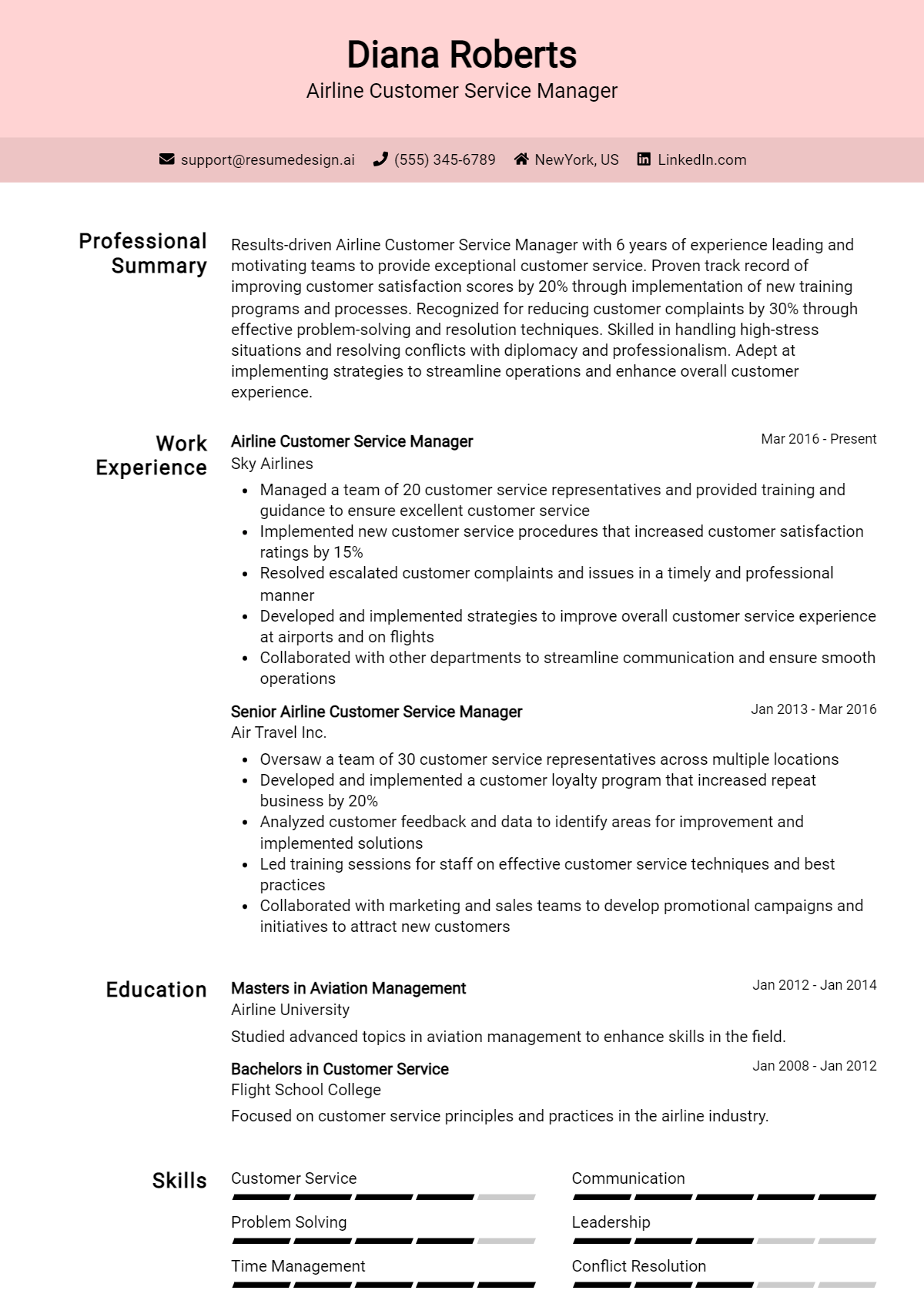 Airline Customer Service Manager Resume Example