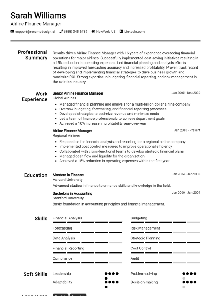 Airline Finance Manager Resume Example