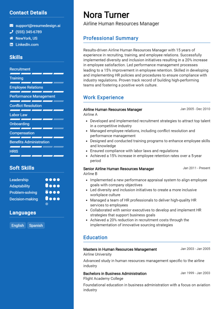 Airline Human Resources Manager Resume Example