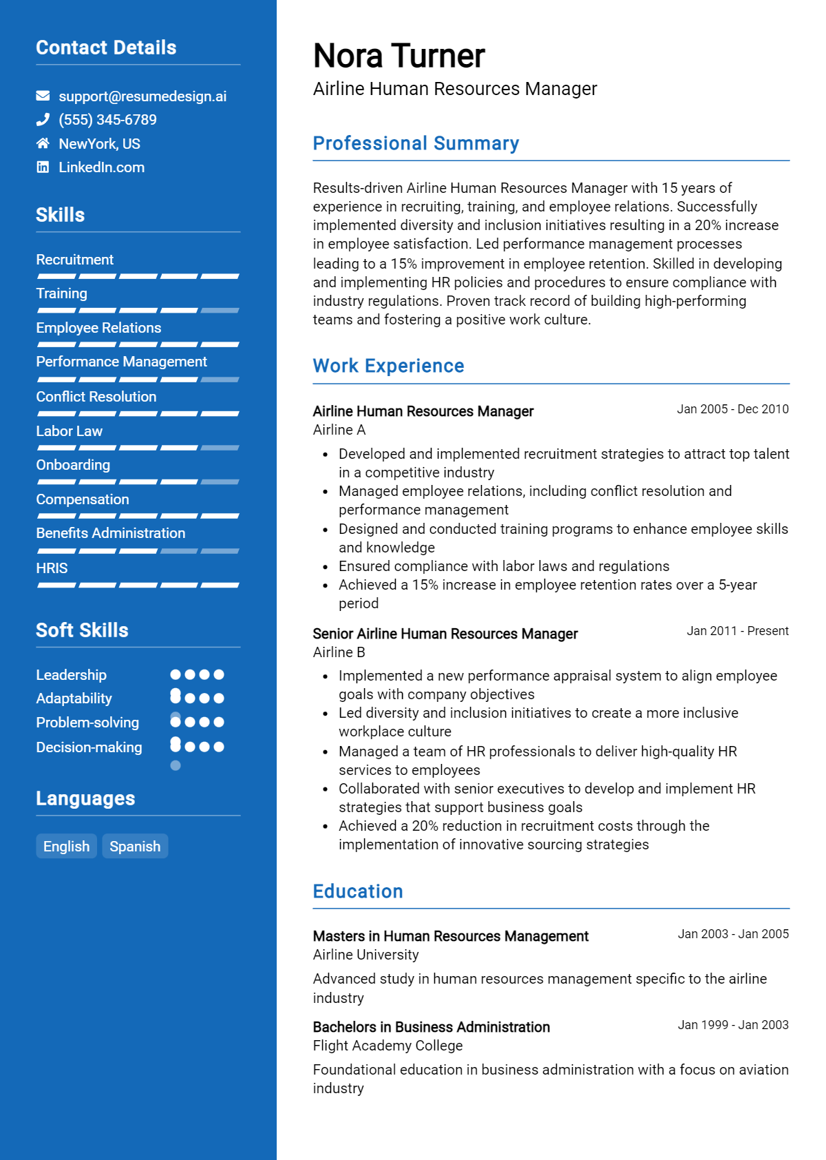 Airline Human Resources Manager Resume Example