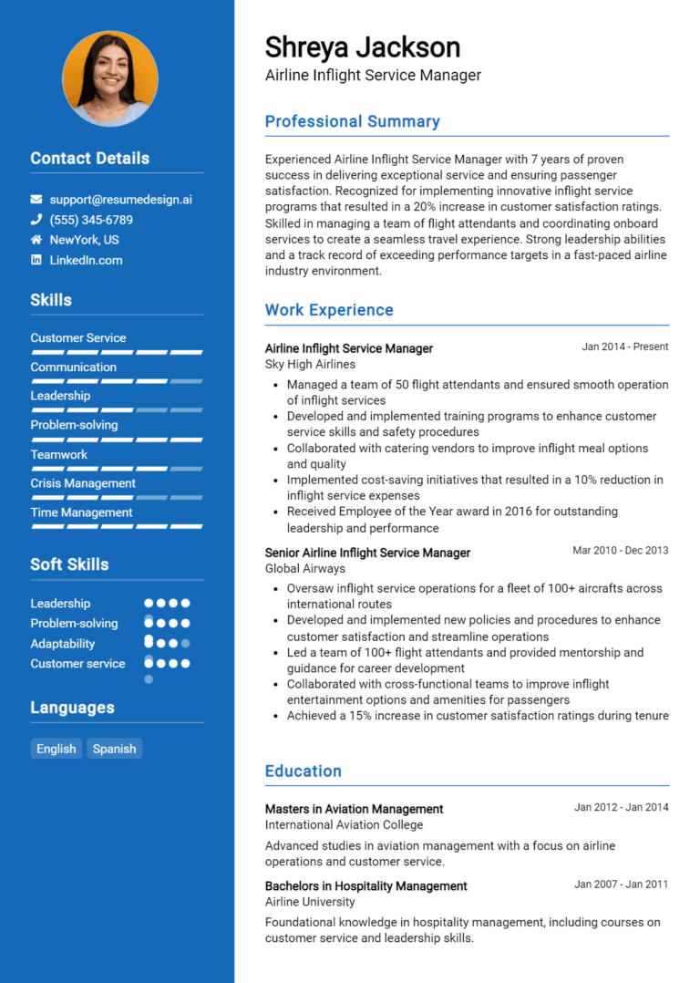 18 Airline Inflight Service Manager Resume Examples And Templates for 2025