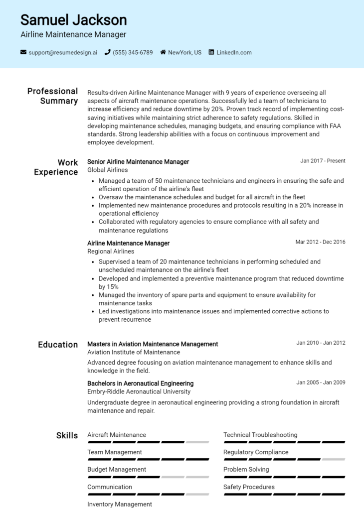 Airline Maintenance Manager Resume Example