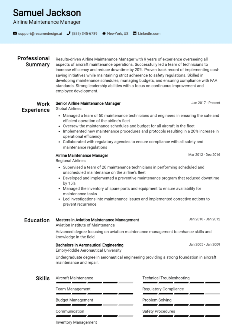 18 Airline Maintenance Manager Resume Examples And Templates for 2025