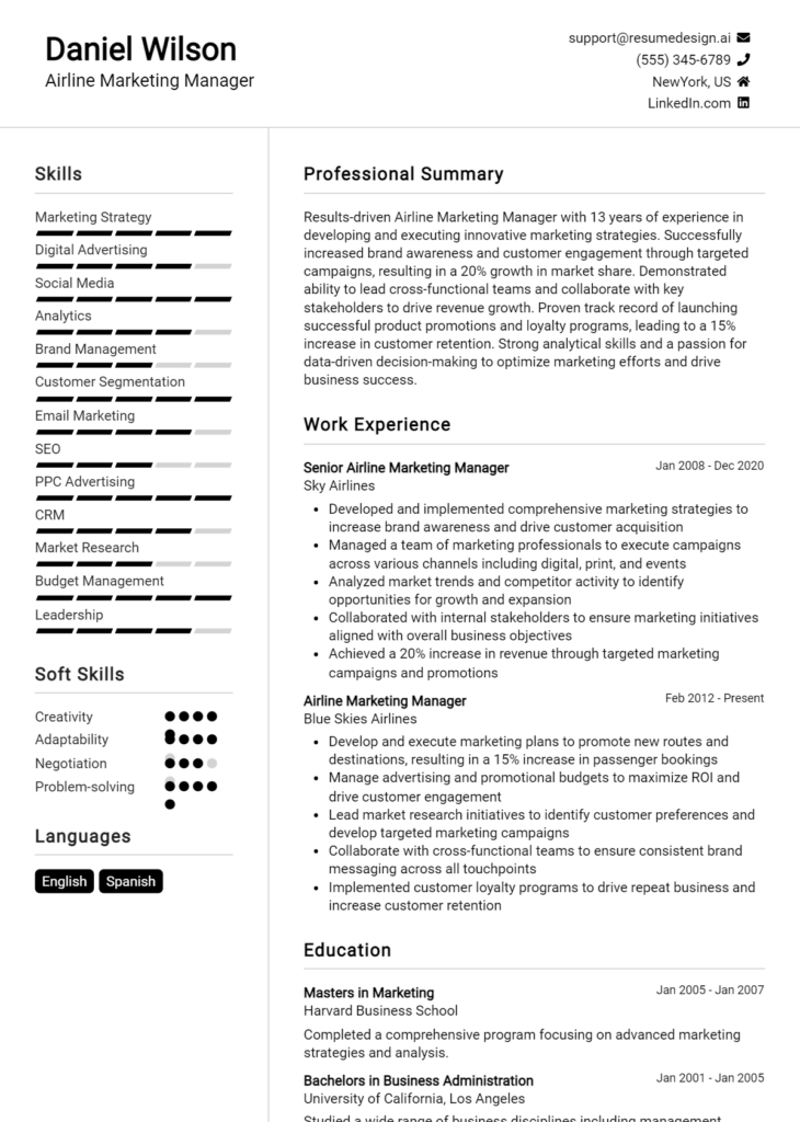 Airline Marketing Manager Resume Example