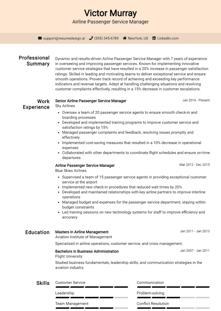 18 Airline Passenger Service Manager Resume Examples And Templates for 2025