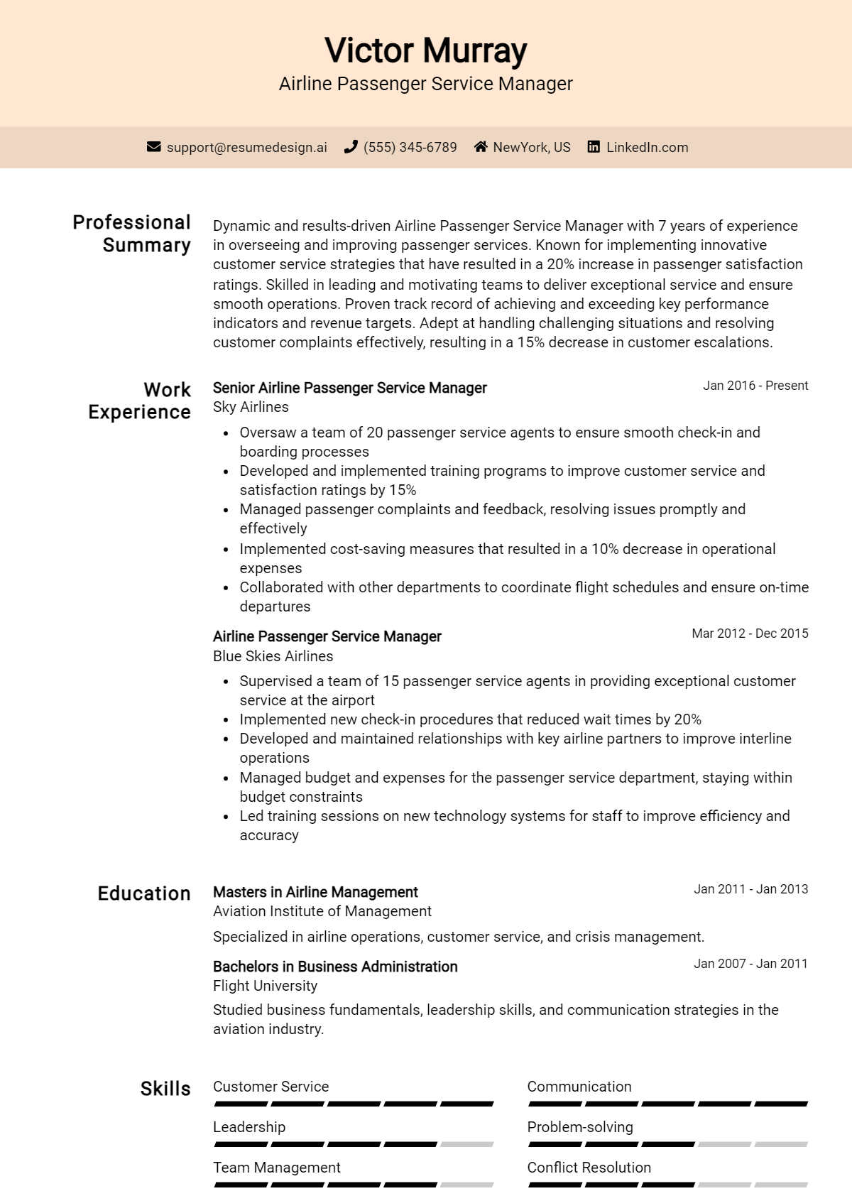 Airline Passenger Service Manager Resume Example