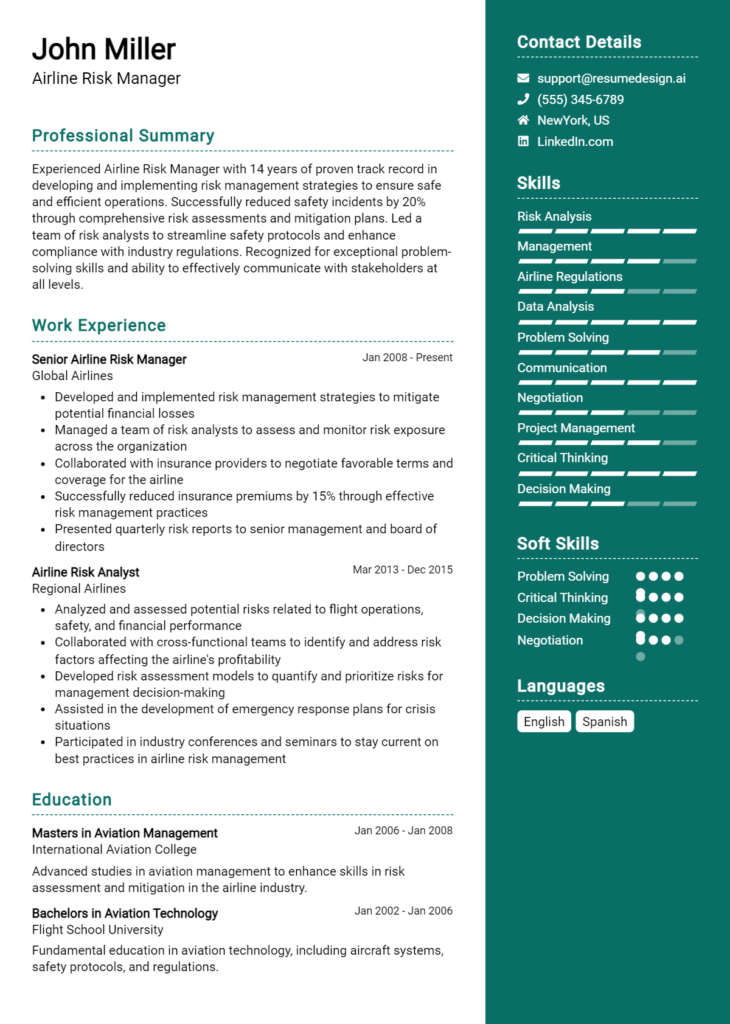 Airline Risk Manager Resume Example