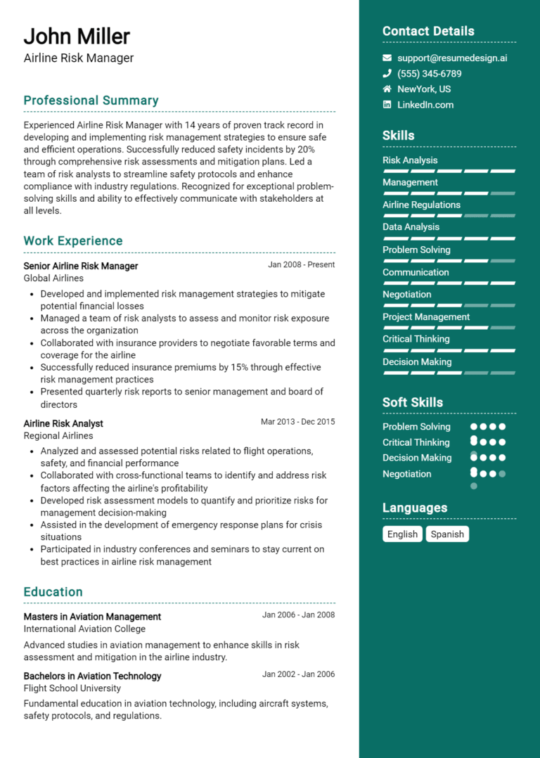 18 Airline Risk Manager Resume Examples And Templates for 2025