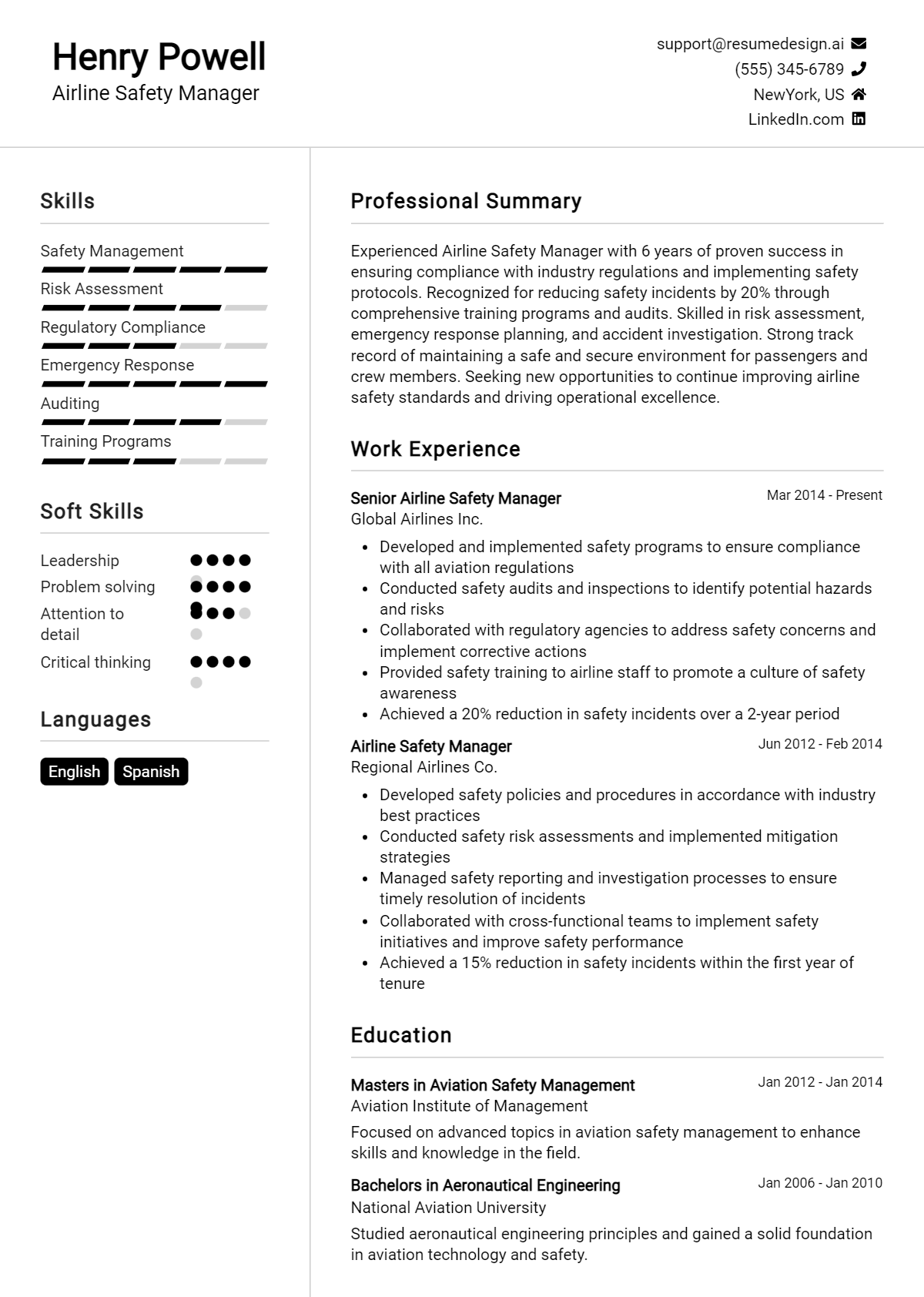 Airline Safety Manager Resume Example