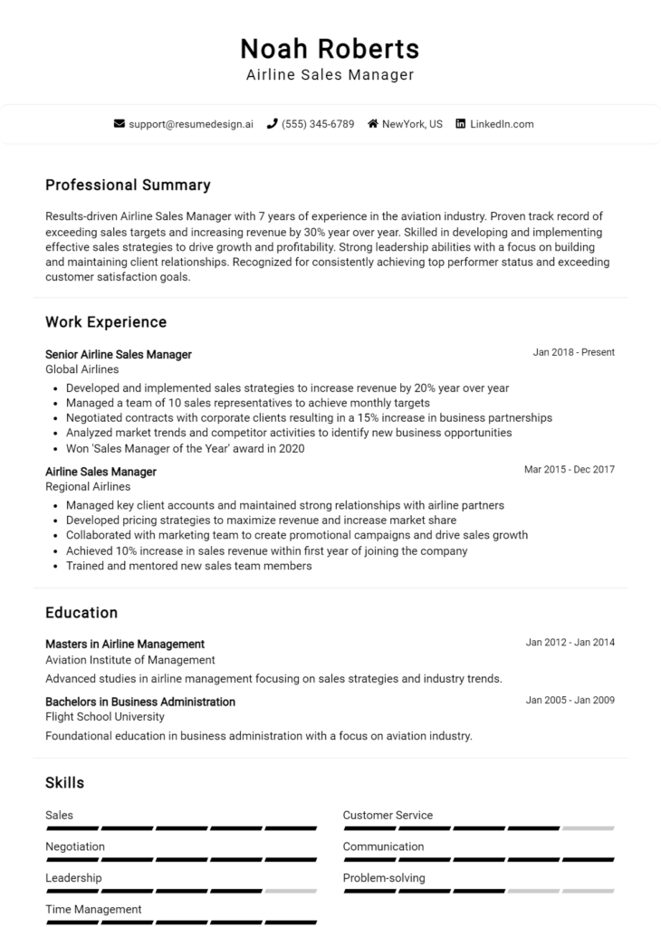 Airline Sales Manager Resume Example