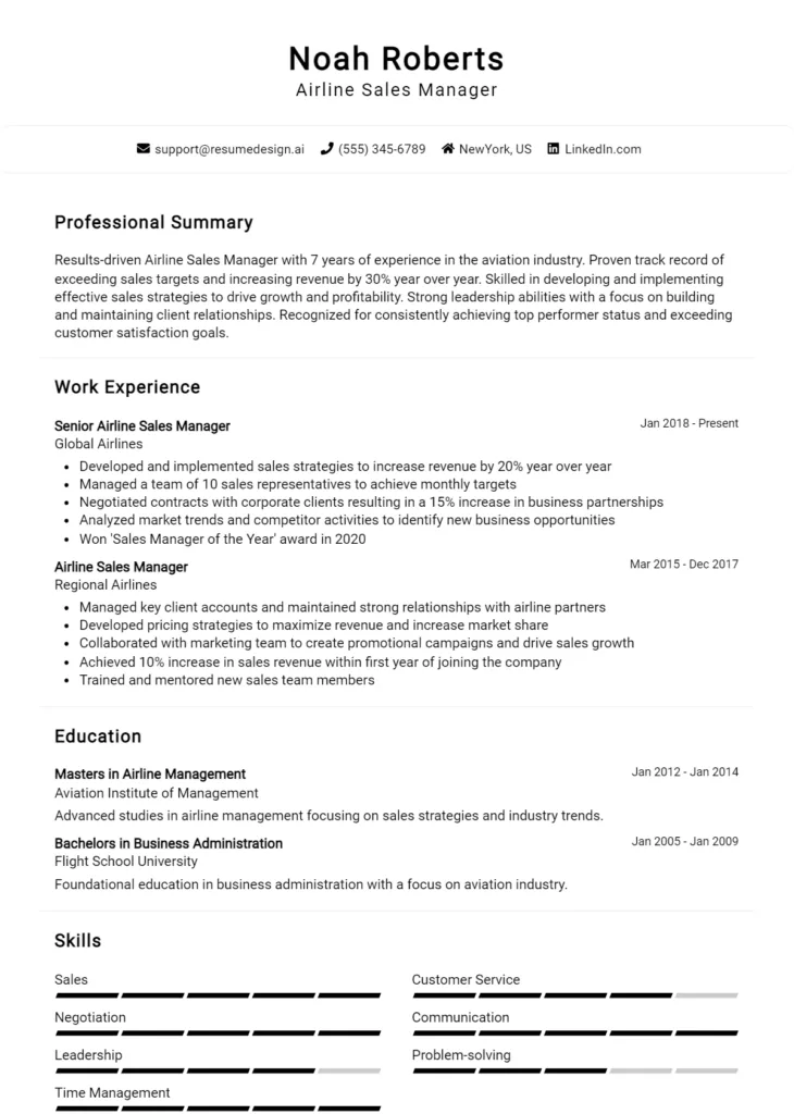 Airline Sales Manager Resume Example