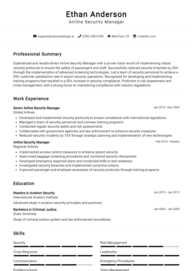 Airline Security Manager Resume Example