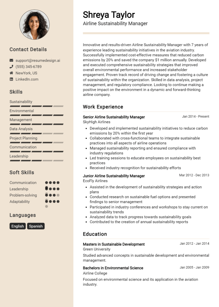 Airline Sustainability Manager Resume Example