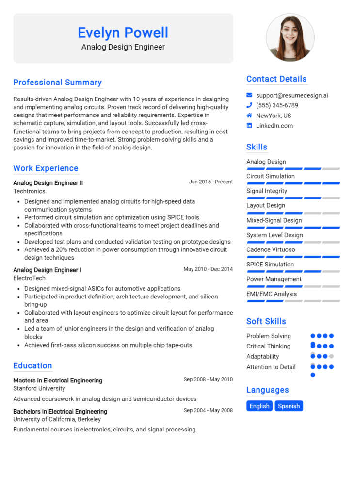 Analog Design Engineer Resume Example