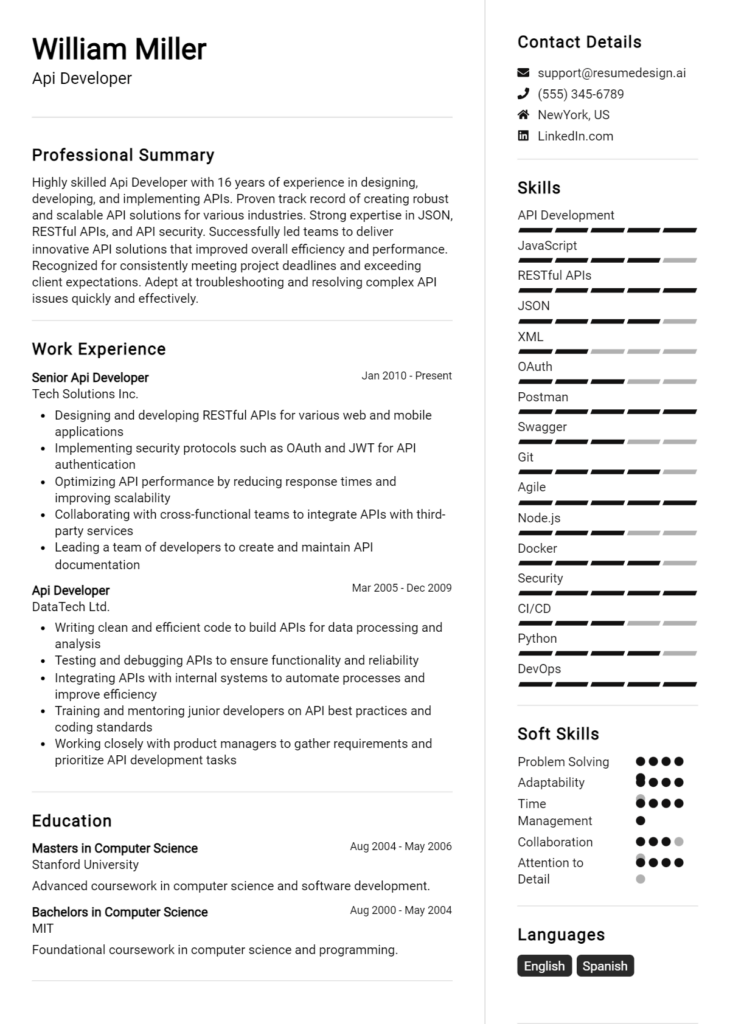 Api Developer Resume Example