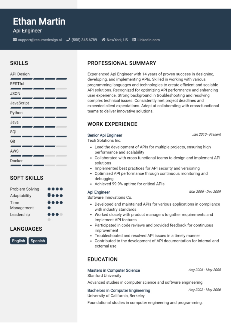 11 API Engineer Resume Examples And Templates for 2024 - ResumeDesign.ai