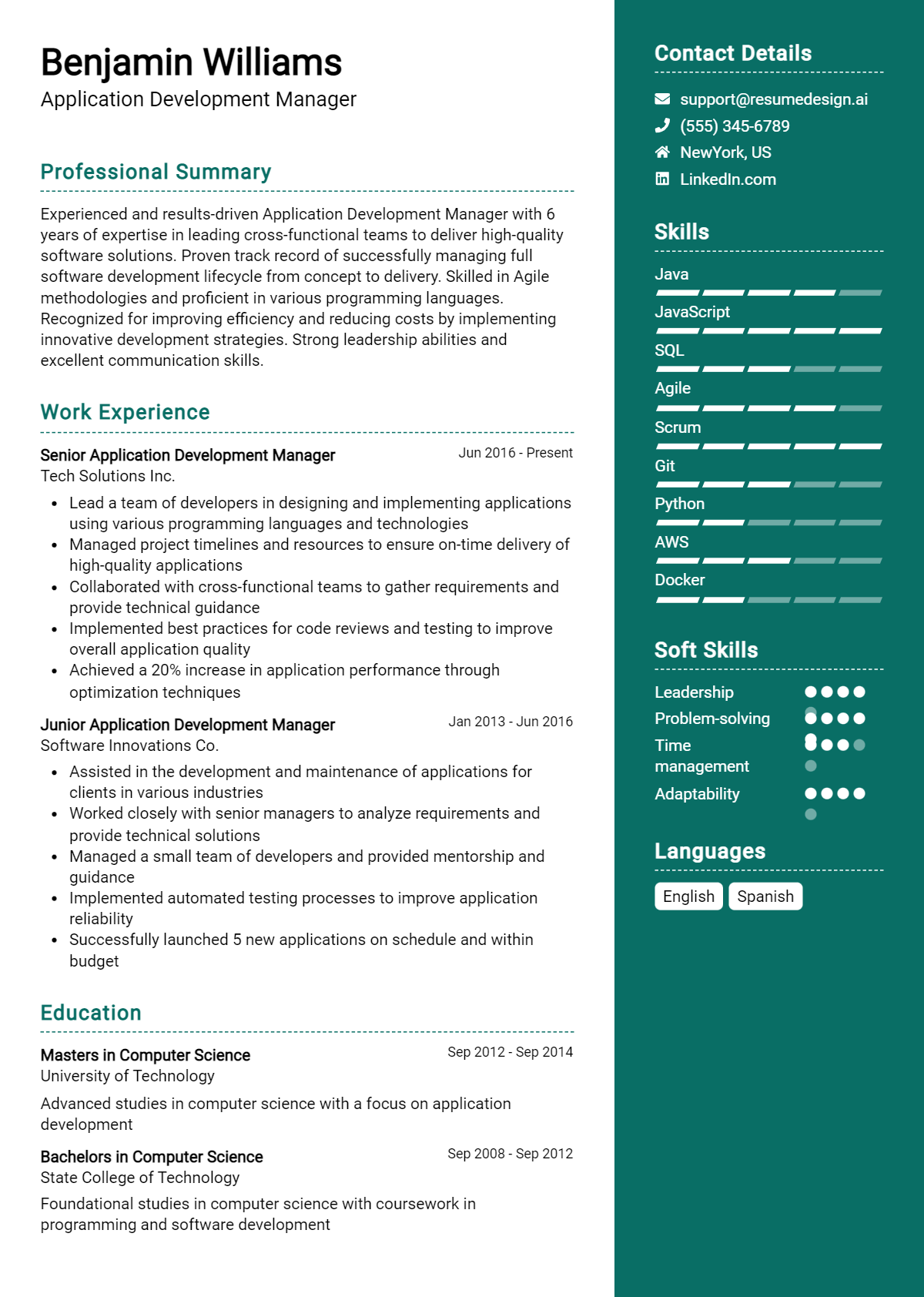 Application Development Manager Resume Example