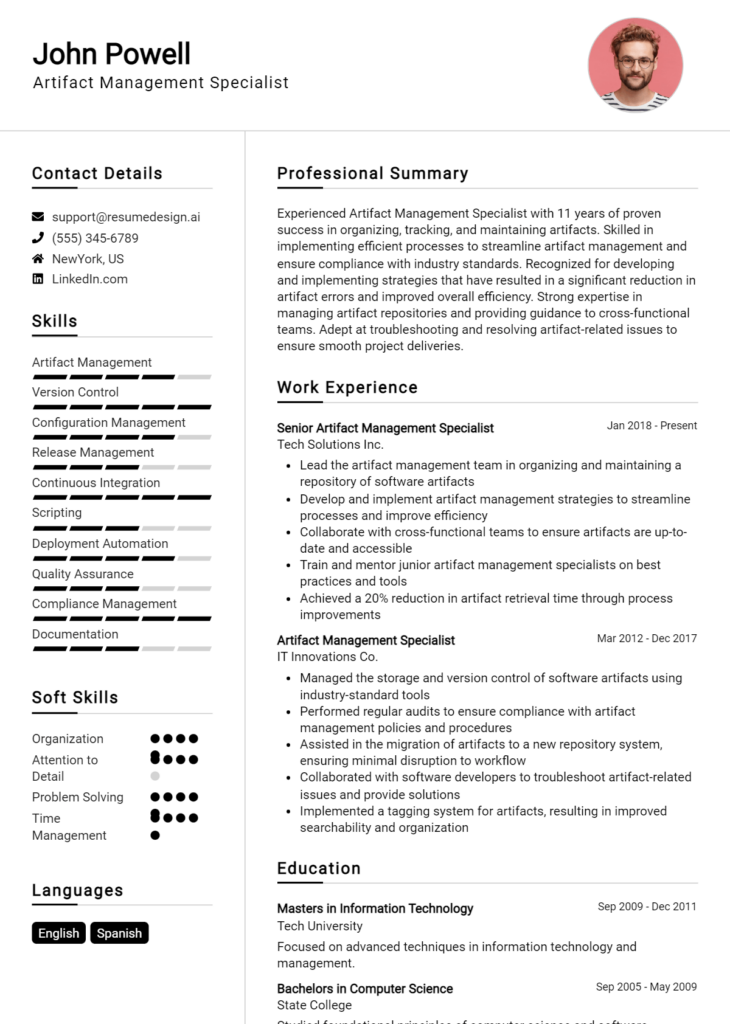 Artifact Management Specialist Resume Example