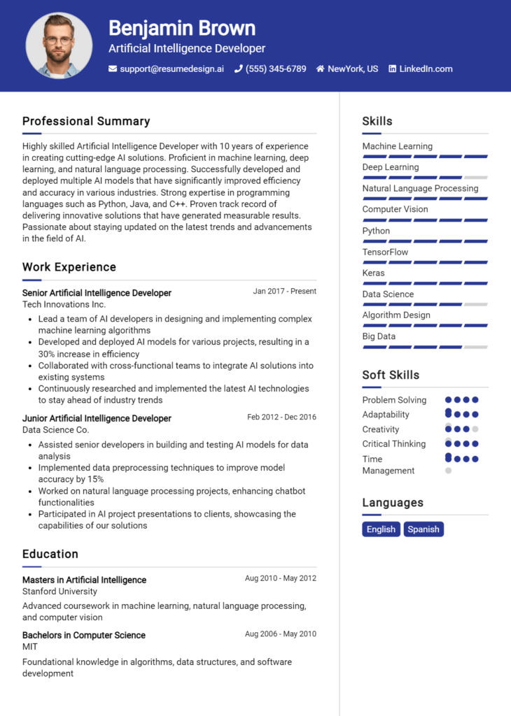 Artificial Intelligence Developer Resume Example