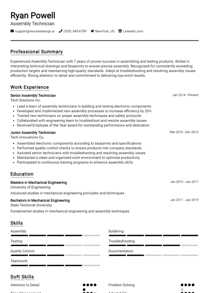 Assembly Technician Resume Example