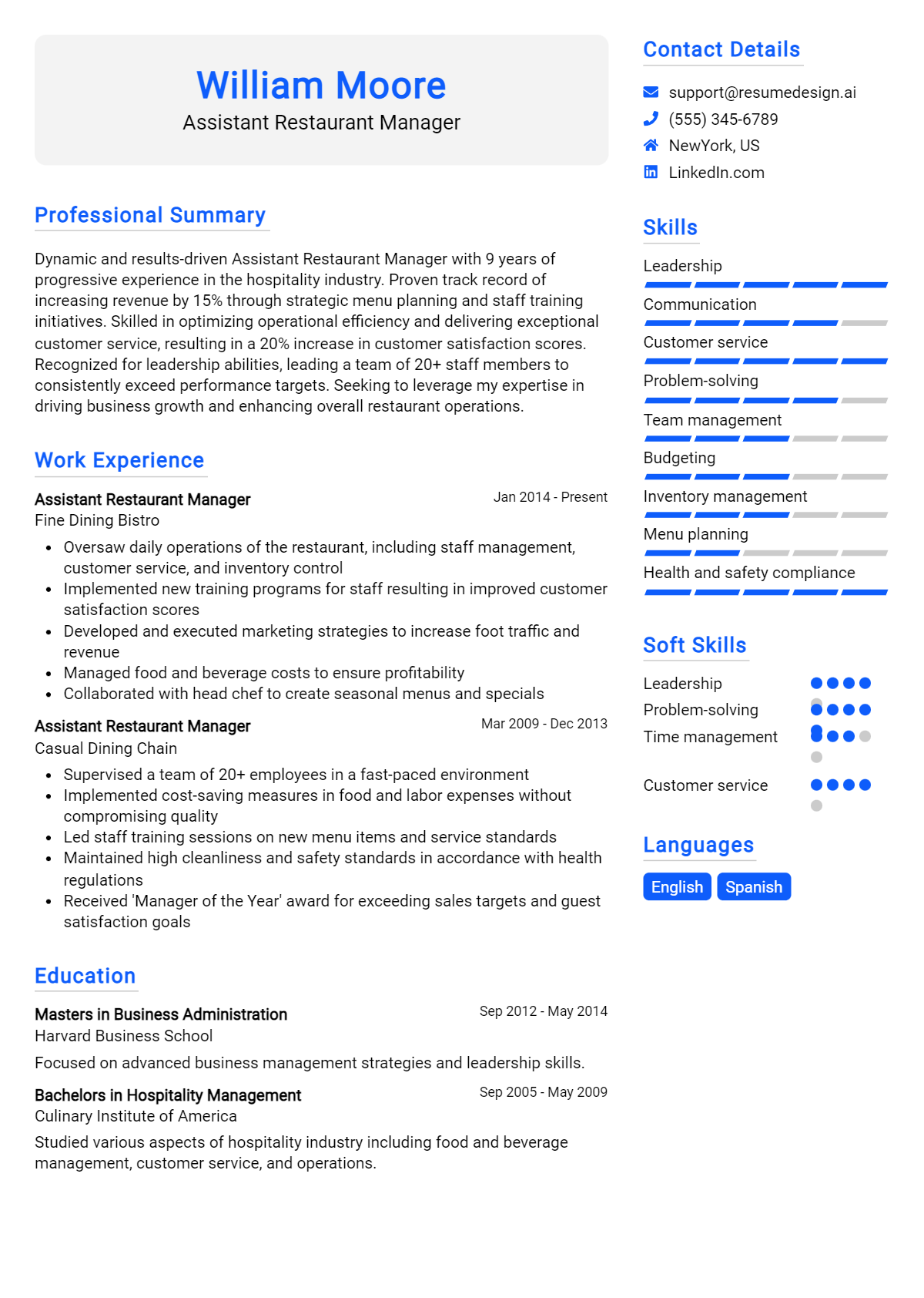 Assistant Restaurant Manager Resume Example