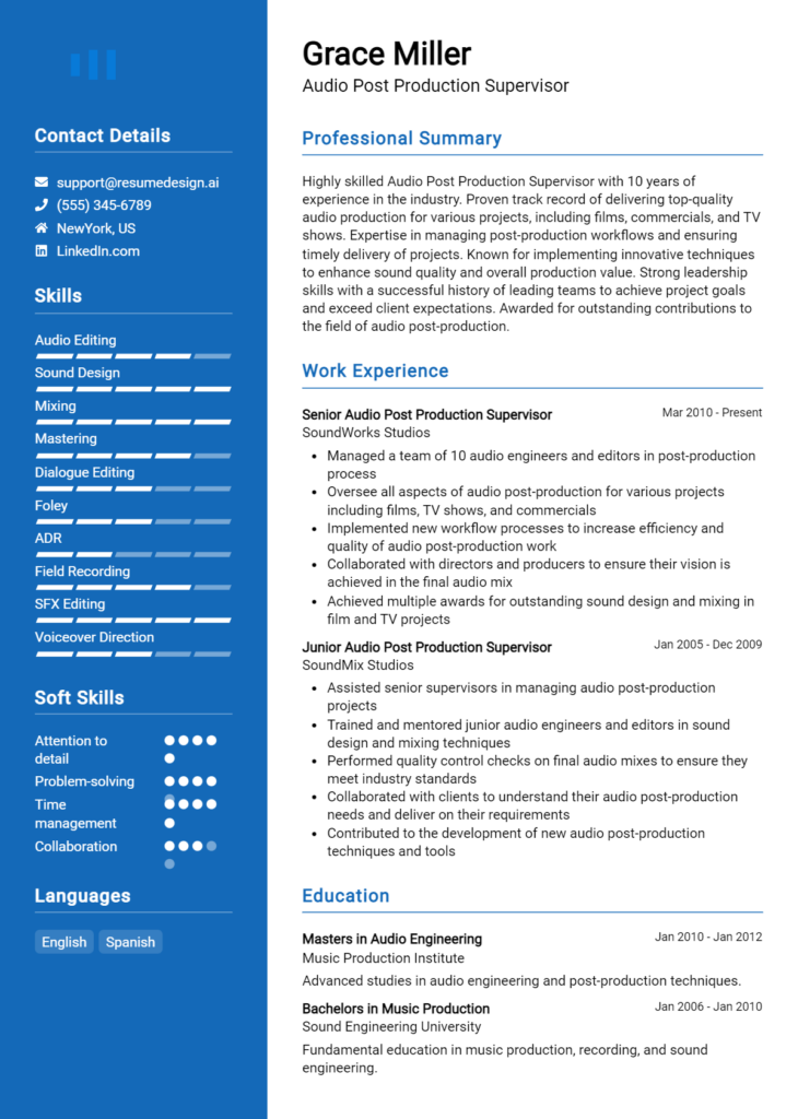 Audio Post Production Supervisor Resume Example