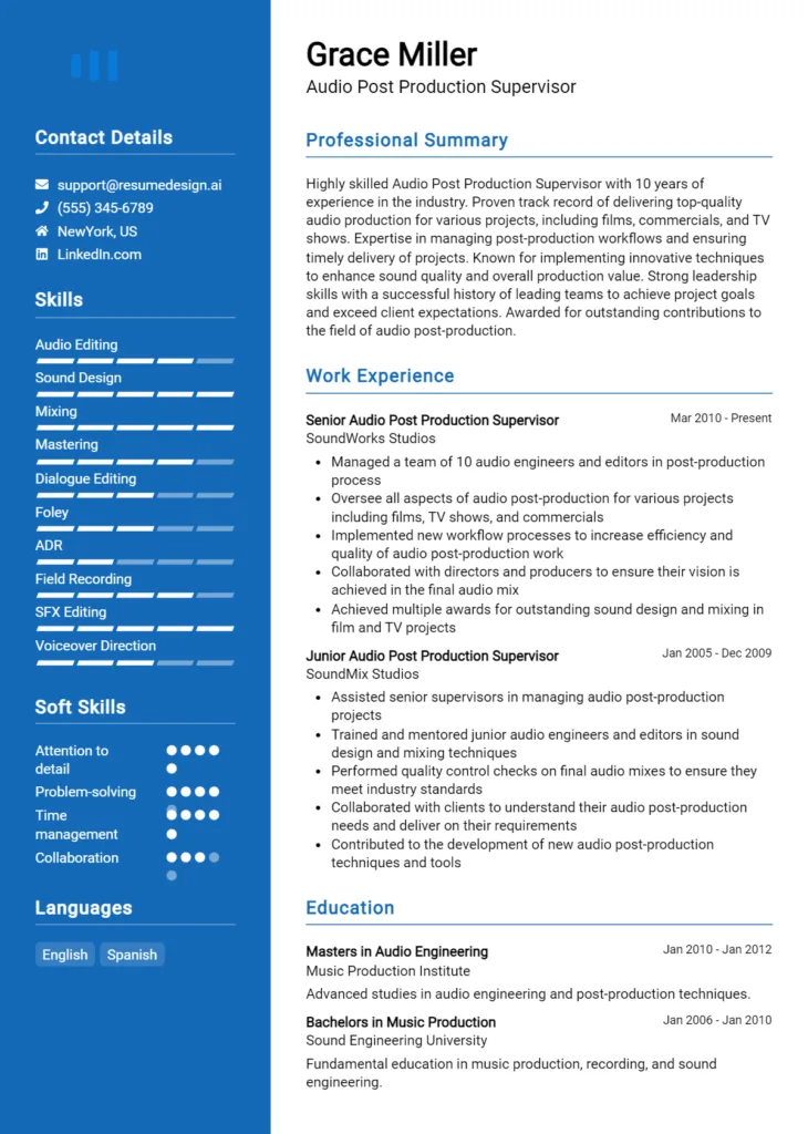 Audio Post Production Supervisor Resume Example