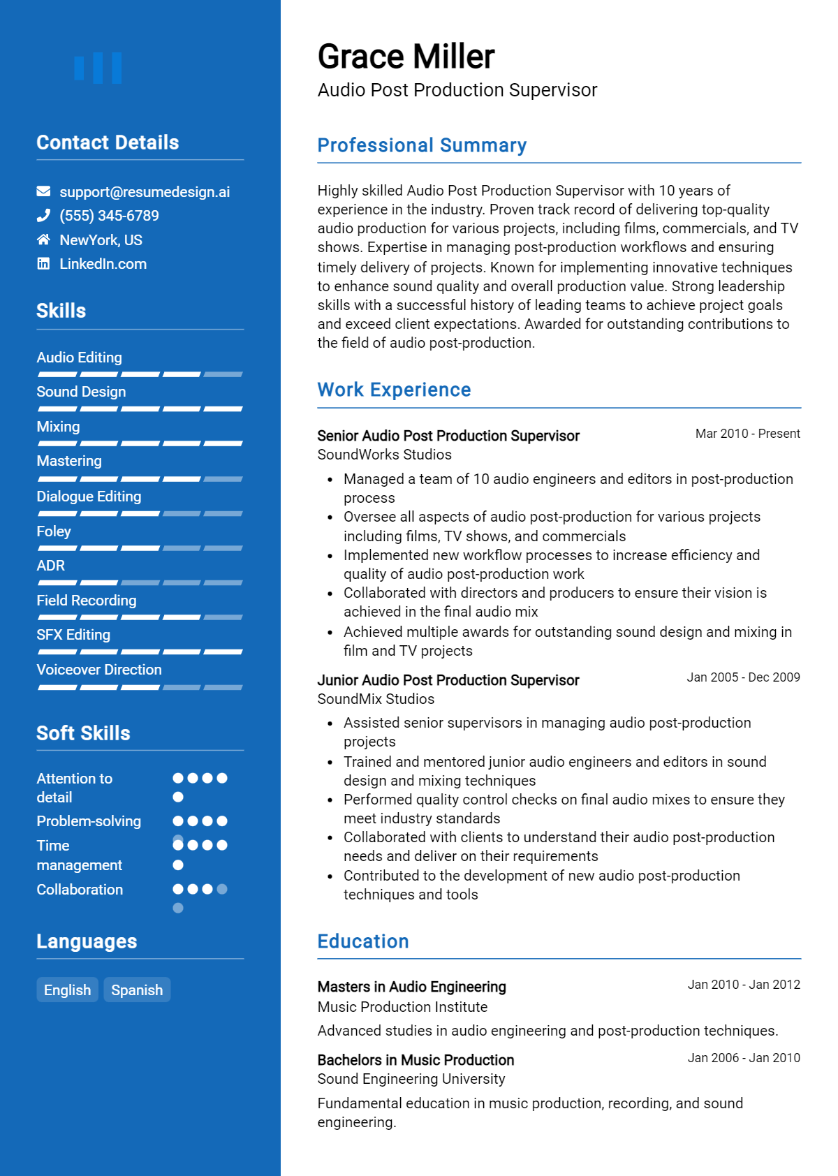 Audio Post Production Supervisor Resume Example