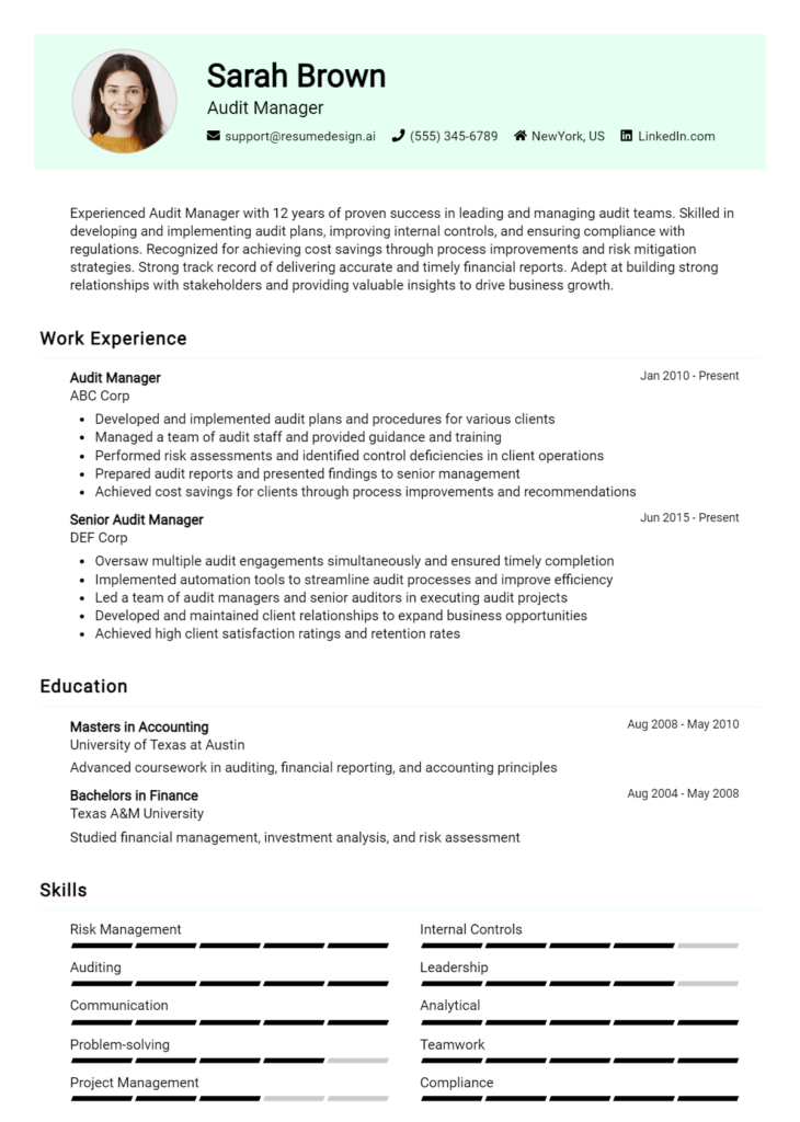 Audit Manager Resume Example