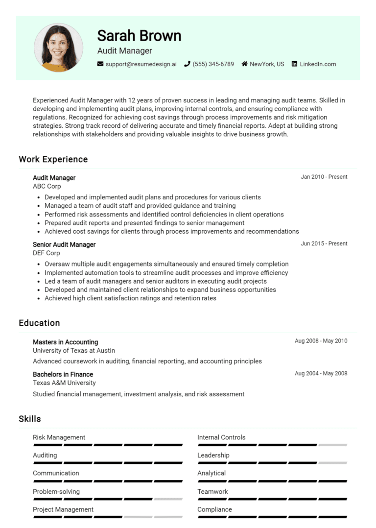 17 Audit Manager Resume Examples And Templates for 2025: Expert Tips