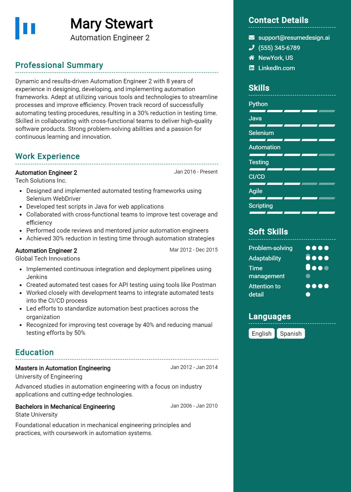 Automation Engineer 2 Resume Example