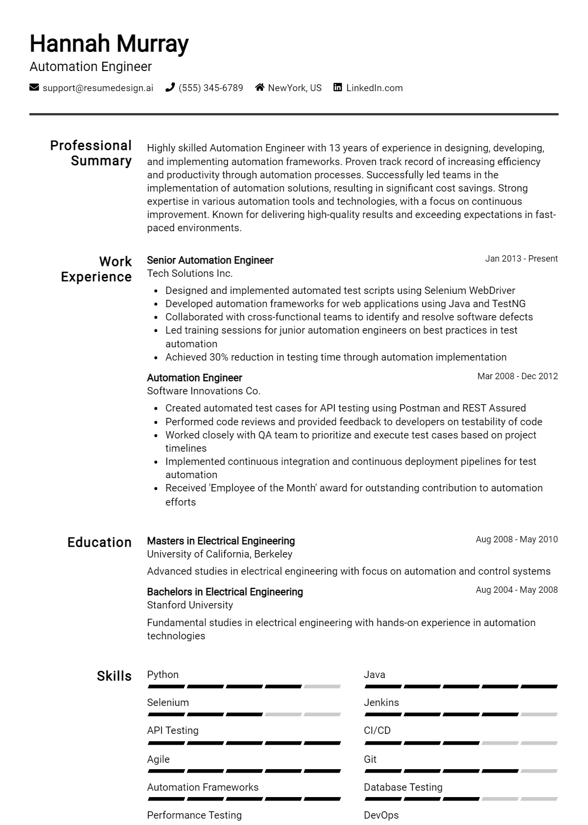 Automation Engineer Resume Example